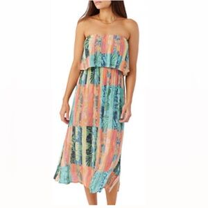 O’Neill Koia Strapless Long casual dress with a vibrant multicolored scheme.